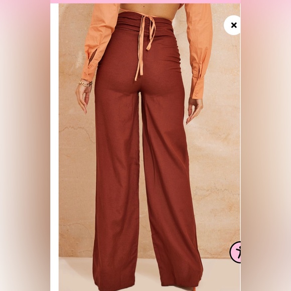 Rust Linen Look Ring Front Wide Leg Pants - Picture 3 of 7